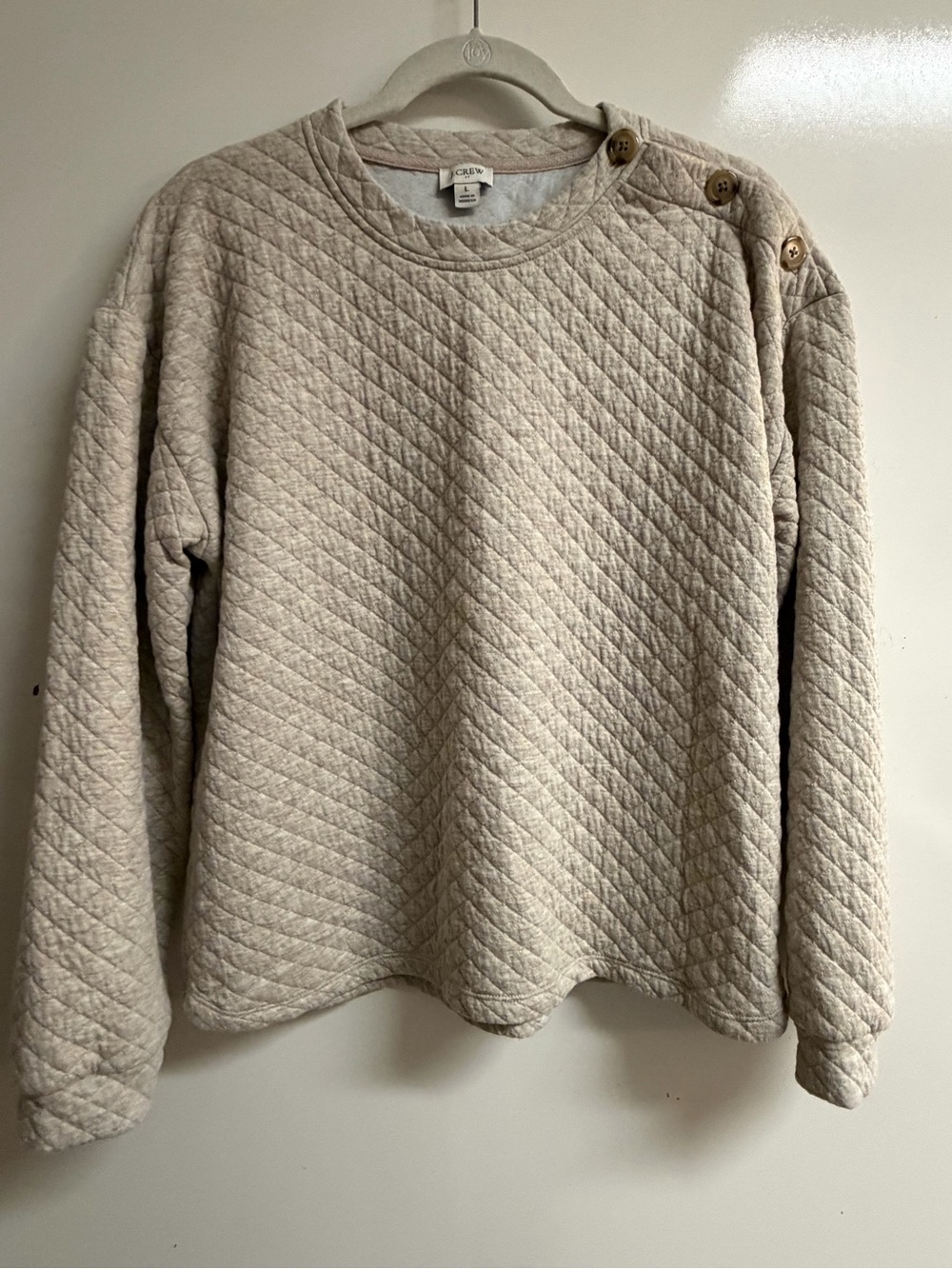 J. Crew Factory Cream Quilted Button-Shoulder Crewneck Sweater